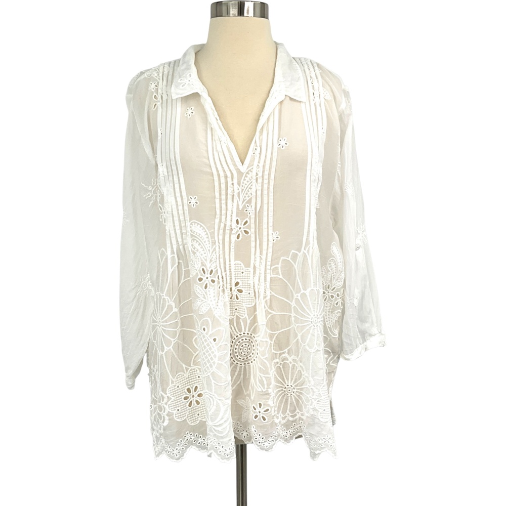 Johnny Was Lemmi Blouse Womens XL White Embroidered Sheer Long Sleeve Boho Tunic